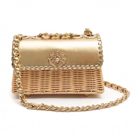 Bolsa Isla Selene Mini Rattan Couro Honey e Dourada