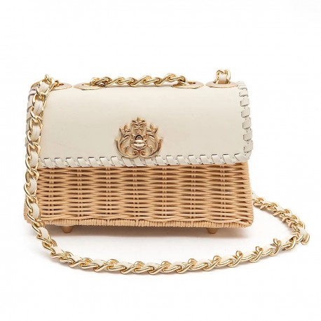 Bolsa Isla Selene Mini Rattan Couro Natural Vanilla