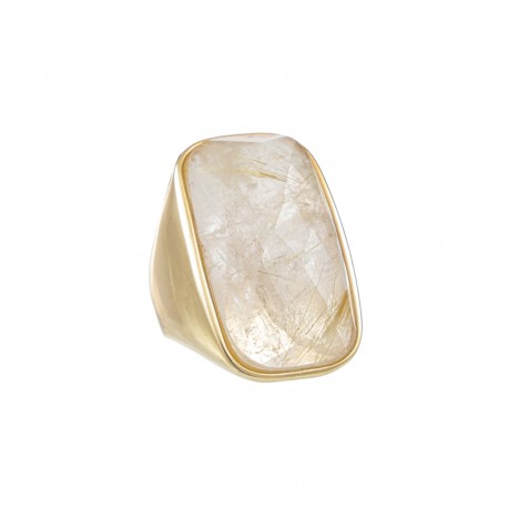 Anel Fane's Pedra Natural Quartzo Rutilado Metal Dourado