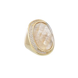 Anel Fane's Pedra Natural Quartzo Rutilado Zircônia Metal Dourado