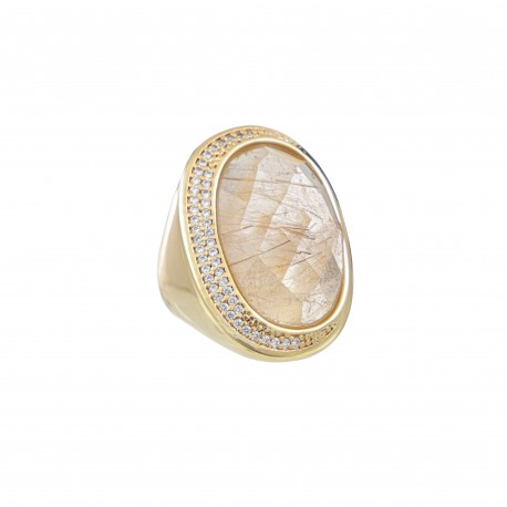 Anel Fane's Pedra Natural Quartzo Rutilado Zircônia Metal Dourado