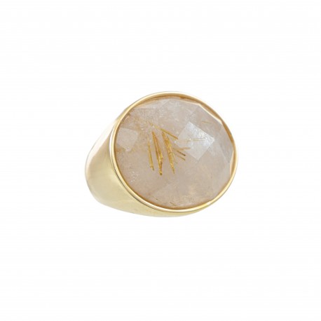 Anel Fane's Pedra Natural Quartzo Rutilado Metal Dourado