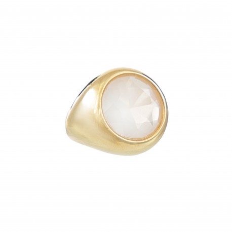 Anel Fane's Pedra Natural Quartzo Leitoso Metal Dourado