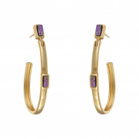Brinco Fane's Pedra Drusa Ametista Argola Metal Dourado