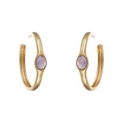 Brinco Fane's Pedra Natural Ametista Argola Metal Dourado