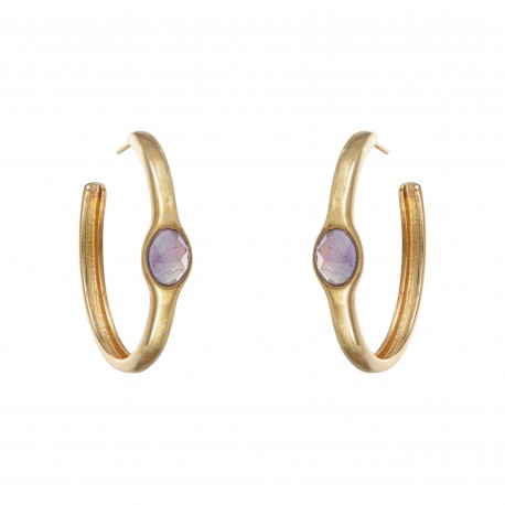 Brinco Fane's Pedra Natural Ametista Argola Metal Dourado