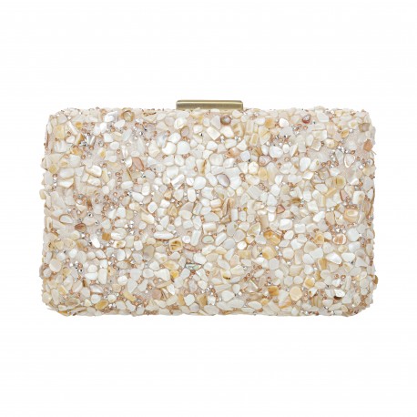 Bolsa Empório MP Clutch Pedras Cascalho Cristais Off White